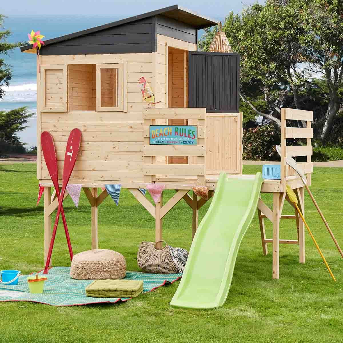 Soulet Cabane avec toboggan en bois sur pilotis 3,19 x 2,42 x 2,4...
