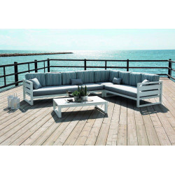 Salon de jardin COSMOS - blanc, tissus lara/rayé alina - 4 à 7 places de marque HEVEA, référence: J7095200