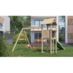 Aire de jeu extérieur en bois - 1 toboggan + 2 balançoires - 348x284x188cm - Ambroise - CHALET & JARDIN