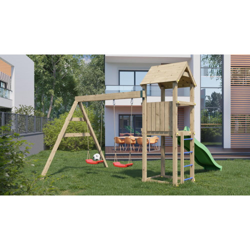 Aire de jeu extérieur en bois - 1 toboggan + 2 balançoires - 348x284x188cm - Ambroise - CHALET & JARDIN