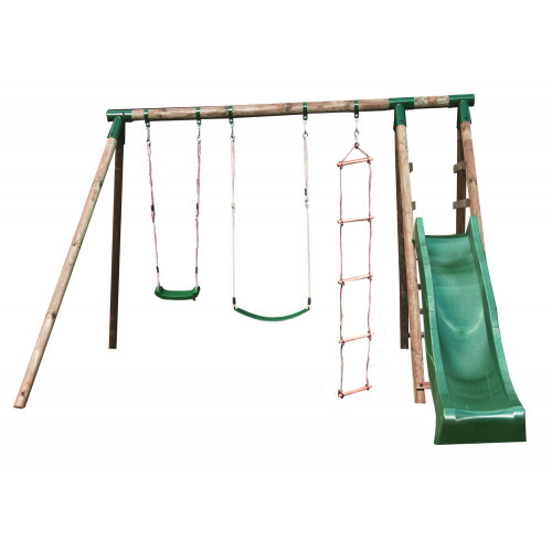 Portique & Toboggan de jardin en bois Navajos 330 x 260 x 230 cm - Tissu protection rouge - CHALET & JARDIN