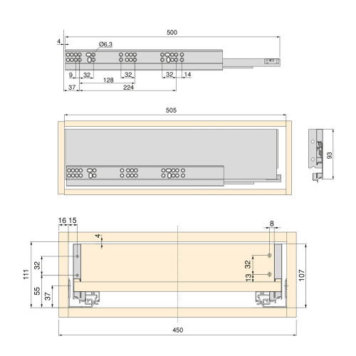 Kit de tiroir pour cuisine et salle de bain Vertex - panneaux inclus, H 93 x M 450, blanc - EMUCA