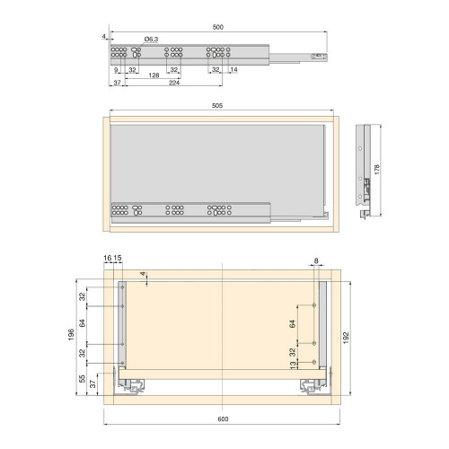 Kit de tiroir pour cuisine et salle de bain Vertex, panneaux inclus, H 178 x M 600, Gris - EMUCA