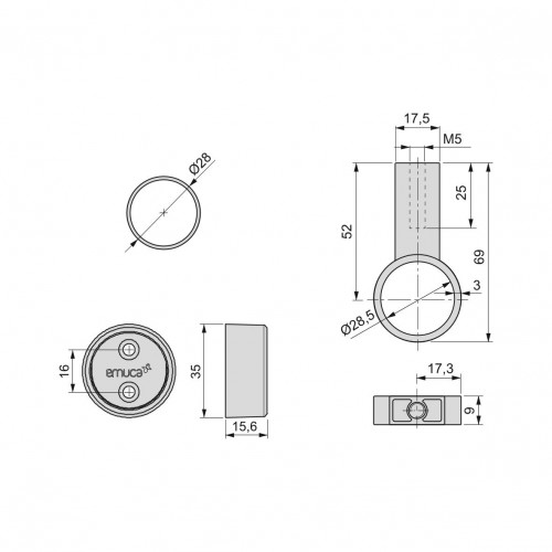 Kit tube de penderie circulaire Ø28, L 1150 mm, Anodisé mat - EMUCA