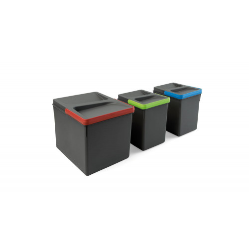 Poubelles pour tiroir de cuisine Recycle, Hauteur 216, 1x12 litres + 2x6 litres, gris - EMUCA