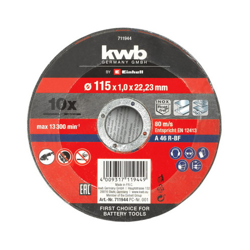 10 disques de coupe Ø 115 x 1,0 mm pour meuleuse d'angle - KWB by Einhell