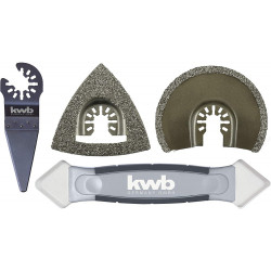 Set de 4 outils multifonctions pour le carrelage (1 râpe, 2 lames de scie, 1 grattoir) de marque KWB by Einhell, référence: B7276700