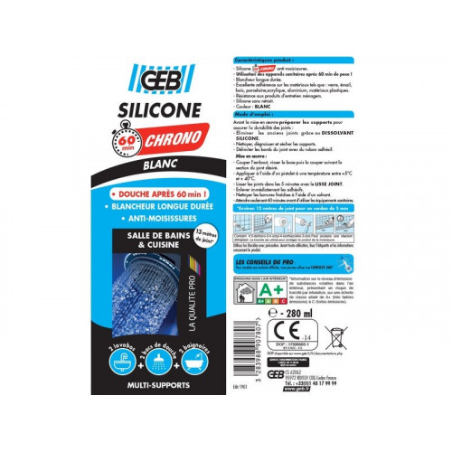 Joint silicone d'étanchéité, cuisine / salle de bains 890780, blanc, 280 ml - GEB