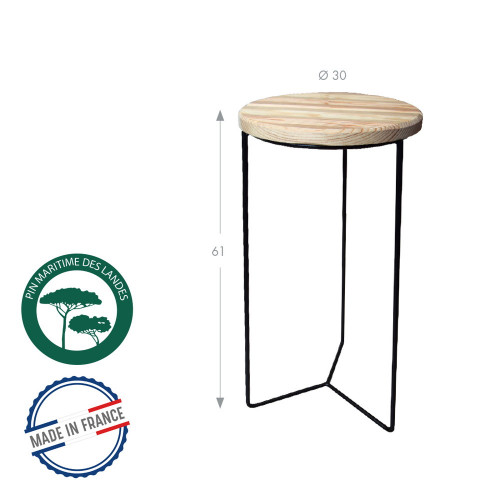 Sellette industrielle haute fer rond plateau bois - 61x30 cm - Acier époxy - Louis Moulin