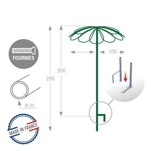 Tuteur parapluie 9 pétales vert sapin - 100x250 cm - Acier époxy - Louis Moulin