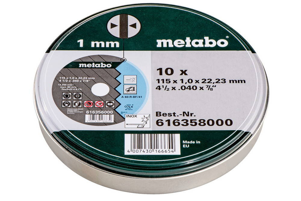 Set de disques à tronçonner en inox Metabo 616358000 Diamètre 115 mm 10 pc