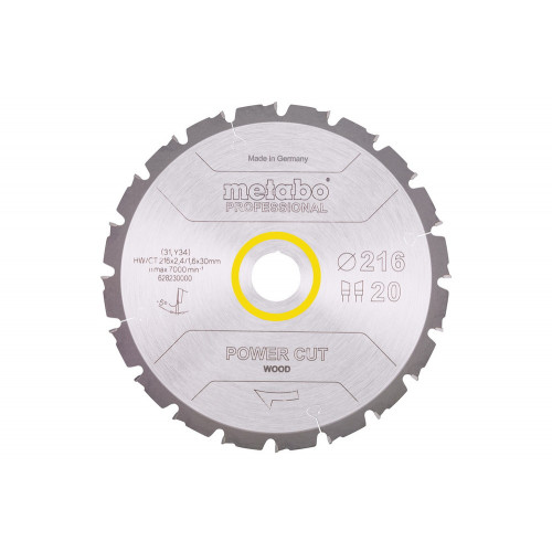 Lame Pro "Power Cut Wood" HW/CT 216x30, 20 WZ -5° pour scie circulaire - Metabo