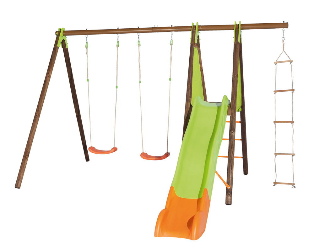 Portique XALTO bois/métal 2,30 m - 2 balançoires + 1 échelle + toboggan