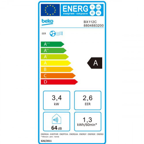 Climatiseur mobile non réversible - 3400 W - 12 000 BTU/h - 51 à 64 dB - Tél. - Beko