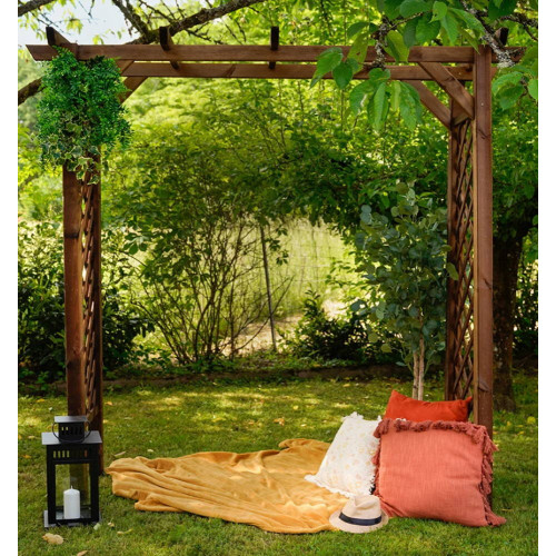 Pergola droite IPOMEE - 220 x 80 x H. 214 cm - Passage 180 cm - Teinté marron - Jardipolys