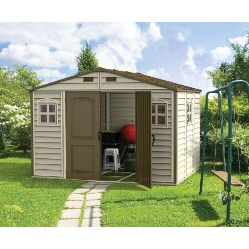 Abri PVC Woodstyle PREMIUM - 7,68m² - Kit fondation + 3 fenêtres - beige - Duramax