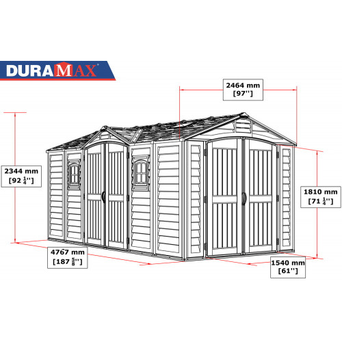 Abri PVC DARK GREY Apex 11,95m² - kit fondation, 2 fenêtres, 2 puits de lumière - Gris - Duramax