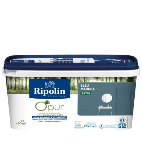 Peinture bleu madura pour mur, boiserie et radiateur O'pur satiné 2 l - RIPOLIN