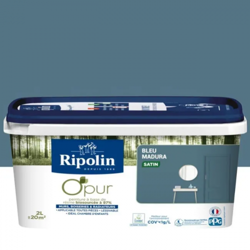 Peinture bleu madura pour mur, boiserie et radiateur O'pur satiné 2 l - RIPOLIN