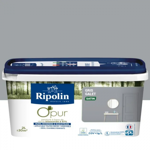 Peinture gris galet pour mur, boiserie et radiateur O'pur satiné 2 l - RIPOLIN