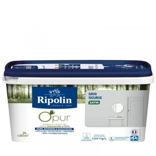 Peinture gris souris pour mur, boiserie et radiateur O'pur satiné 2 l - RIPOLIN