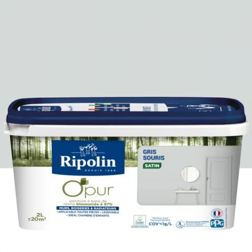 Peinture gris souris pour mur, boiserie et radiateur O'pur satiné 2 l - RIPOLIN