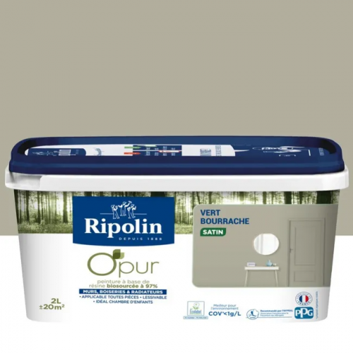 Peinture vert bourrache pour mur, boiserie et radiateur O'pur satiné 2 l - RIPOLIN