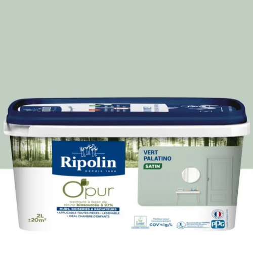 Peinture vert palatino pour mur, boiserie et radiateur O'pur satiné 2 l - RIPOLIN