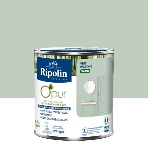 Peinture vert palatino pour mur, boiserie et radiateur O'pur satiné 0.5 l - RIPOLIN