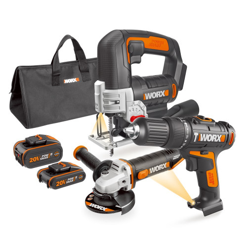 WORX Set de 3 outils sans fil Wx954, 20 V 2-4 Ah, 2 batteries