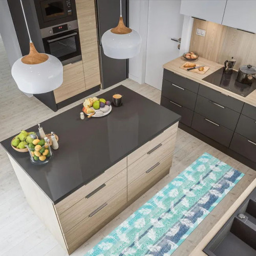 Tapis mousse bleu clair sur-mesure à motif plumes l.0.65 x L.1500 cm - Centrale Brico