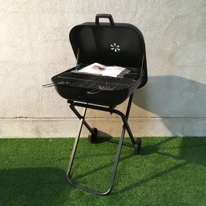 Barbecue charbon de bois valise à roues, L.53 x l.52 cm