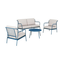 Ensembe salon de jardin 4 places Noa II en acier - coussins polyeste - bleu/beige clair - PROLOISIRS