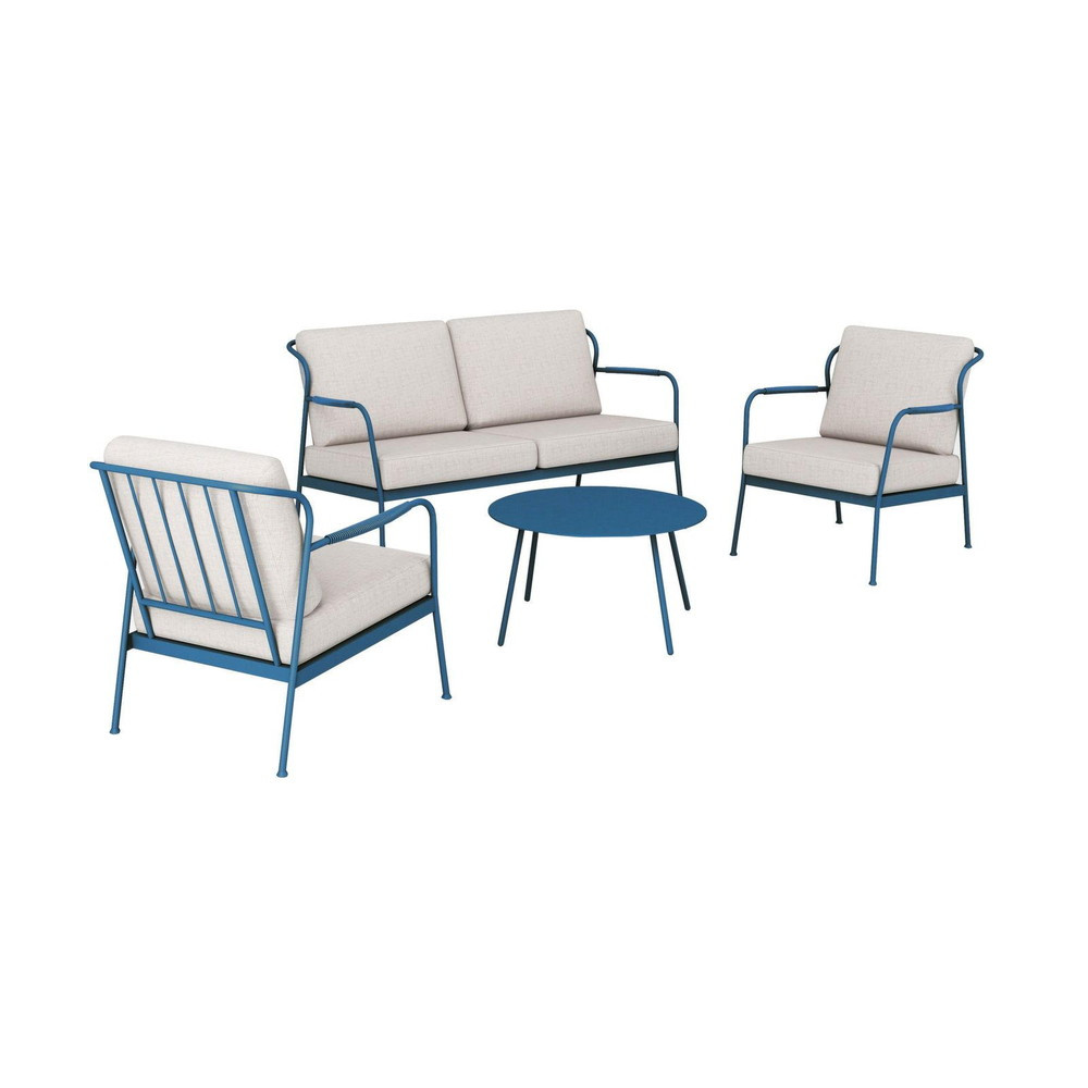 Ensembe salon de jardin 4 places Noa II en acier - coussins polyeste - bleu/beige clair
