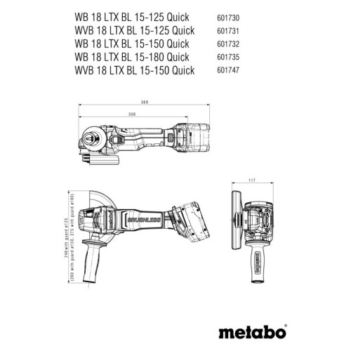 Meuleuse 180 mm 18 V WB 18 LTX BL 15-180 (sans batterie ni chargeur), coffret - Metabo