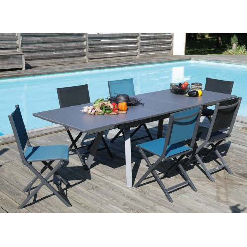 Table de jardin rectangulaire Agra, plateau Verre - graphite/gris 150/200/250 cm - PROLOISIRS