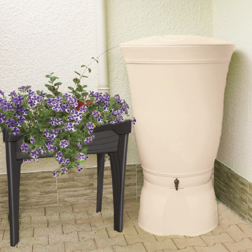 Récuperateur à eau Floral 300L beige - couvercle, robinet, kit chéneau et socle - Belli