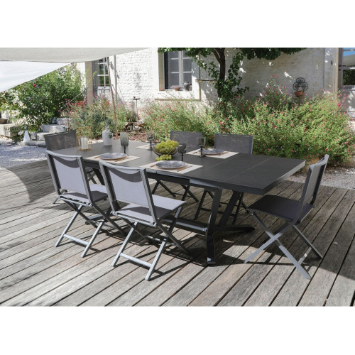 Table de jardin Vita graphite/gris en Aluminium 180/240x100 cm - plateau à lames Kedra - PROLOISIRS