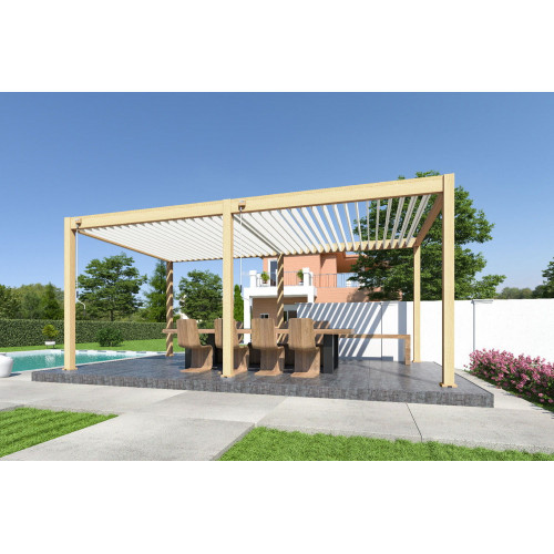 Pergola bioclimatique autoportante bois/blanc - 300 x 600 x H. 258 cm - Ombréa