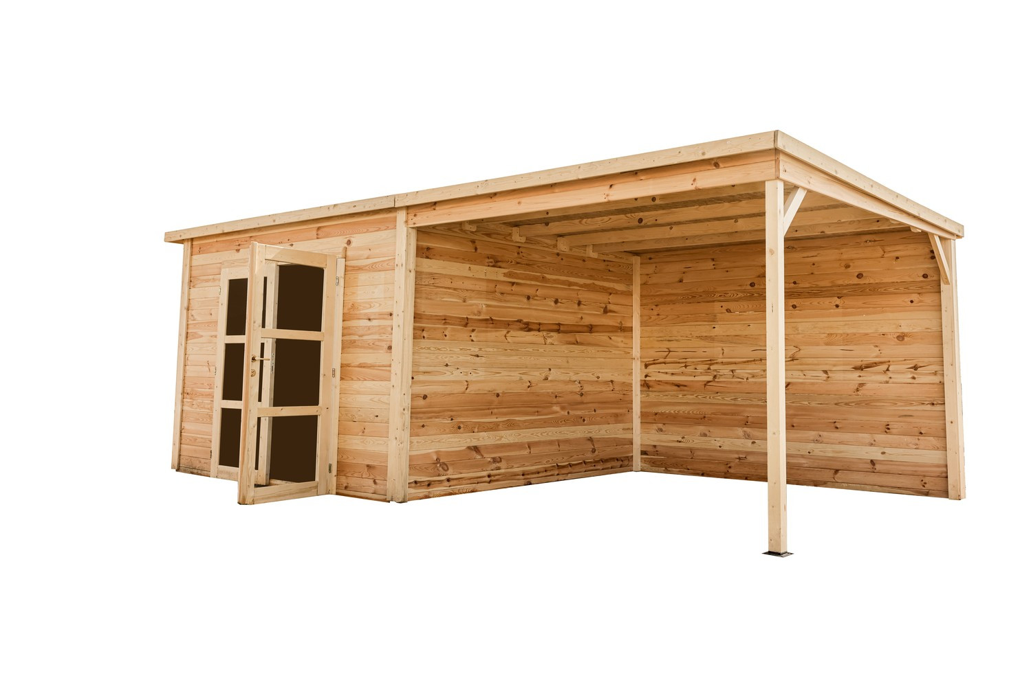 Abri 19,93 m² Madriers bois massif, 28 mm - toit mono pente avec bûcher
