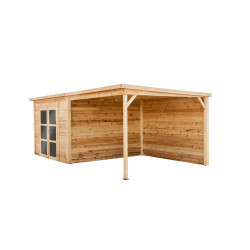Abri 19,93 m² Madriers bois massif, 28 mm - toit mono pente avec bûcher - HABRITA
