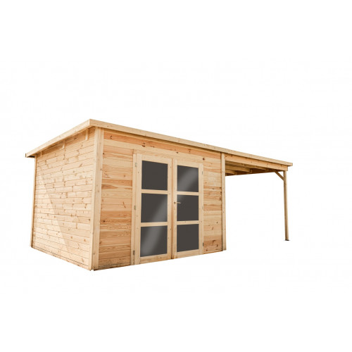 Abri 19,93 m² Madriers bois massif, 28 mm - toit mono pente avec bûcher - HABRITA