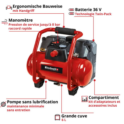 Compresseur sans fil – TE-AC 36/6/8 Li OF Set – Cuve 6 L – Power X-Change - EINHELL 