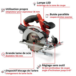 Scie circulaire portative sans fil TE-CS 18/165-1 Li-Solo – Ø 165 mm – Profondeur de coupe 54 mm – Sans batterie ni chargeur - EINHELL 