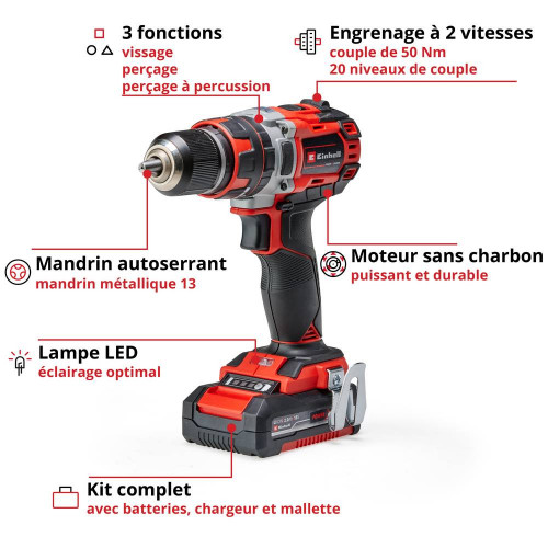 Einhell Perceuse-visseuse à percussion sans fil TE-CD 18/40 Li-i, 2  Batteries