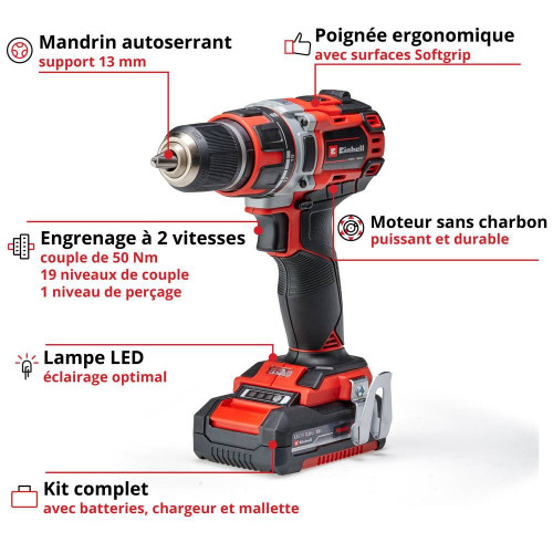 Perceuse Visseuse sans fil TE-CD 18/50 Li BL - 2 vitesses - 20 positions - 2 batteries Power X-Change 2,0Ah - EINHELL 