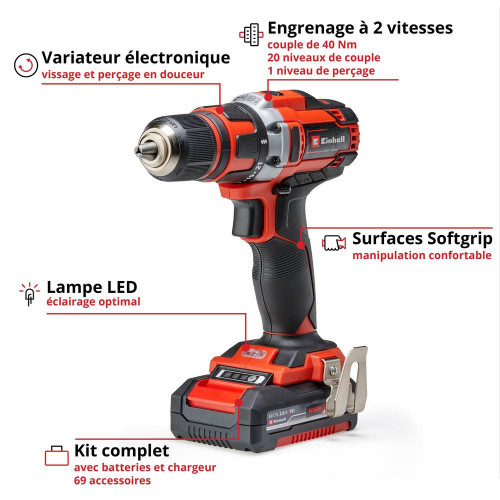 Perceuse visseuse sans fil TE-CD 18/40 Li +69, 2 vitesses, 21 positions, 2 batteries 2,0Ah - EINHELL