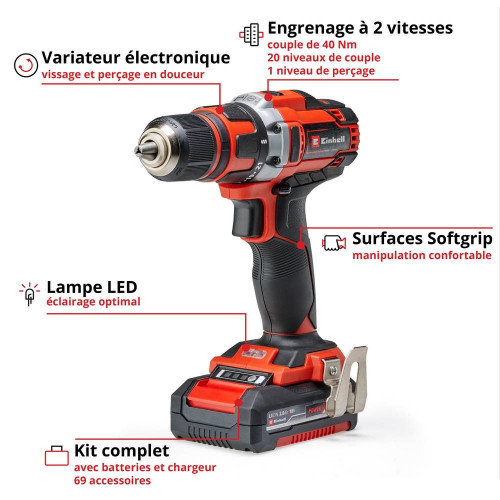 Perceuse visseuse sans fil TE-CD 18/40 Li +69, 2 vitesses, 21 positions, 2 batteries 2,0Ah - EINHELL 