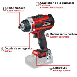 Clé à chocs sans fil – IMPAXXO 18/400 – 18 V – 400 Nm – porte-outil 1/2” – 3 vitesses – sans batterie ni chargeur - EINHELL