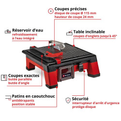 Coupe-carrelage sans fil - TE-TC 18/115 Li-Solo - 18 V - Ø 115 mm - 24 mm (90°) / 16 mm (45°) - 3800 tr/min - table inclinable 0 - EINHELL